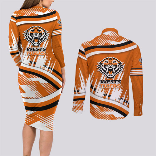 Wests Tigers Rugby Mascot Couples Matching Long Sleeve Bodycon Dress and Long Sleeve Button Shirt Fierce Athlete Graphic in Sports Style