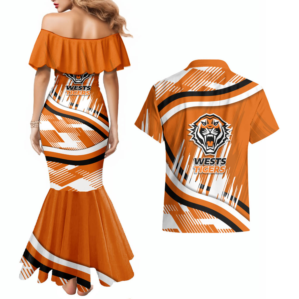 Wests Tigers Rugby Mascot Couples Matching Mermaid Dress and Hawaiian Shirt Fierce Athlete Graphic in Sports Style