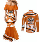 Wests Tigers Rugby Mascot Couples Matching Mermaid Dress and Long Sleeve Button Shirt Fierce Athlete Graphic in Sports Style