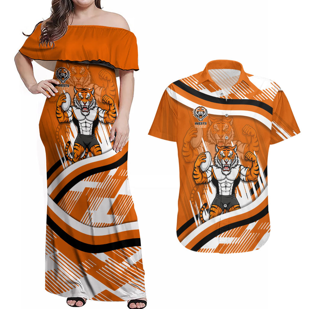 Wests Tigers Rugby Mascot Couples Matching Off Shoulder Maxi Dress and Hawaiian Shirt Fierce Athlete Graphic in Sports Style