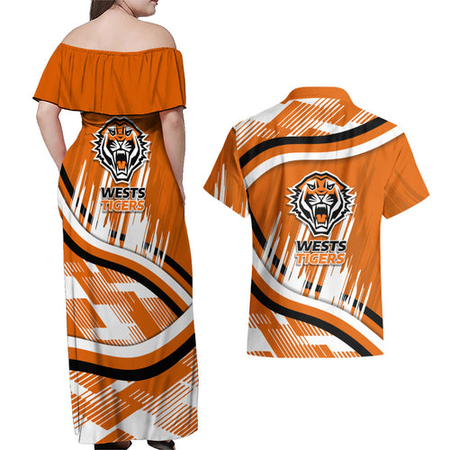 Wests Tigers Rugby Mascot Couples Matching Off Shoulder Maxi Dress and Hawaiian Shirt Fierce Athlete Graphic in Sports Style