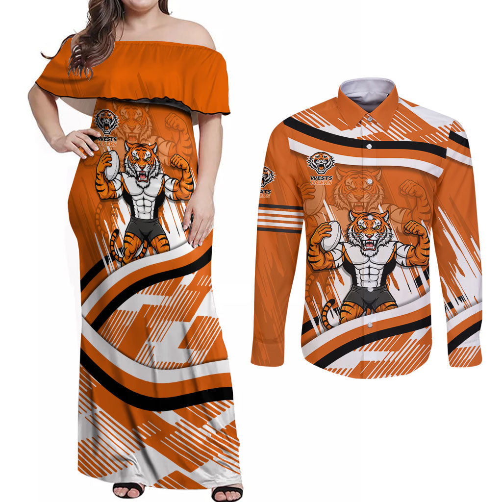 Wests Tigers Rugby Mascot Couples Matching Off Shoulder Maxi Dress and Long Sleeve Button Shirt Fierce Athlete Graphic in Sports Style