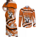 Wests Tigers Rugby Mascot Couples Matching Off Shoulder Maxi Dress and Long Sleeve Button Shirt Fierce Athlete Graphic in Sports Style