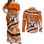 Wests Tigers Rugby Mascot Couples Matching Off Shoulder Maxi Dress and Long Sleeve Button Shirt Fierce Athlete Graphic in Sports Style