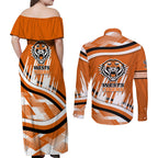 Wests Tigers Rugby Mascot Couples Matching Off Shoulder Maxi Dress and Long Sleeve Button Shirt Fierce Athlete Graphic in Sports Style