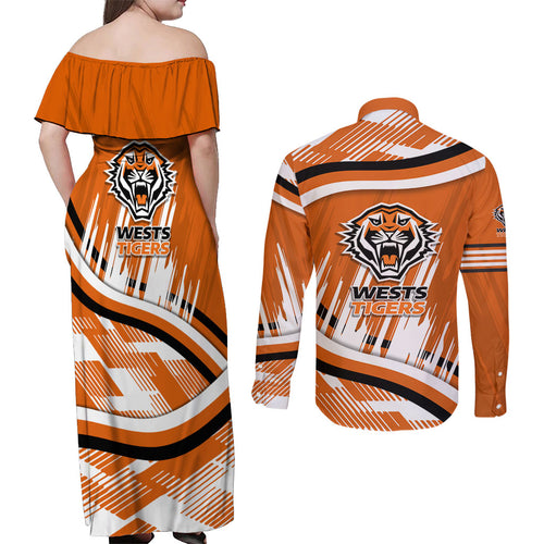 Wests Tigers Rugby Mascot Couples Matching Off Shoulder Maxi Dress and Long Sleeve Button Shirt Fierce Athlete Graphic in Sports Style