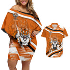 Wests Tigers Rugby Mascot Couples Matching Off Shoulder Short Dress and Hawaiian Shirt Fierce Athlete Graphic in Sports Style