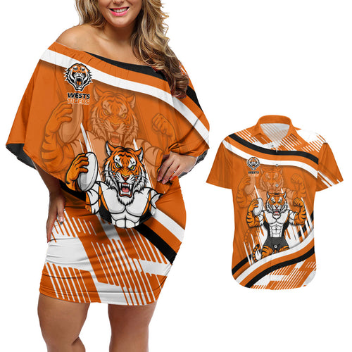 Wests Tigers Rugby Mascot Couples Matching Off Shoulder Short Dress and Hawaiian Shirt Fierce Athlete Graphic in Sports Style