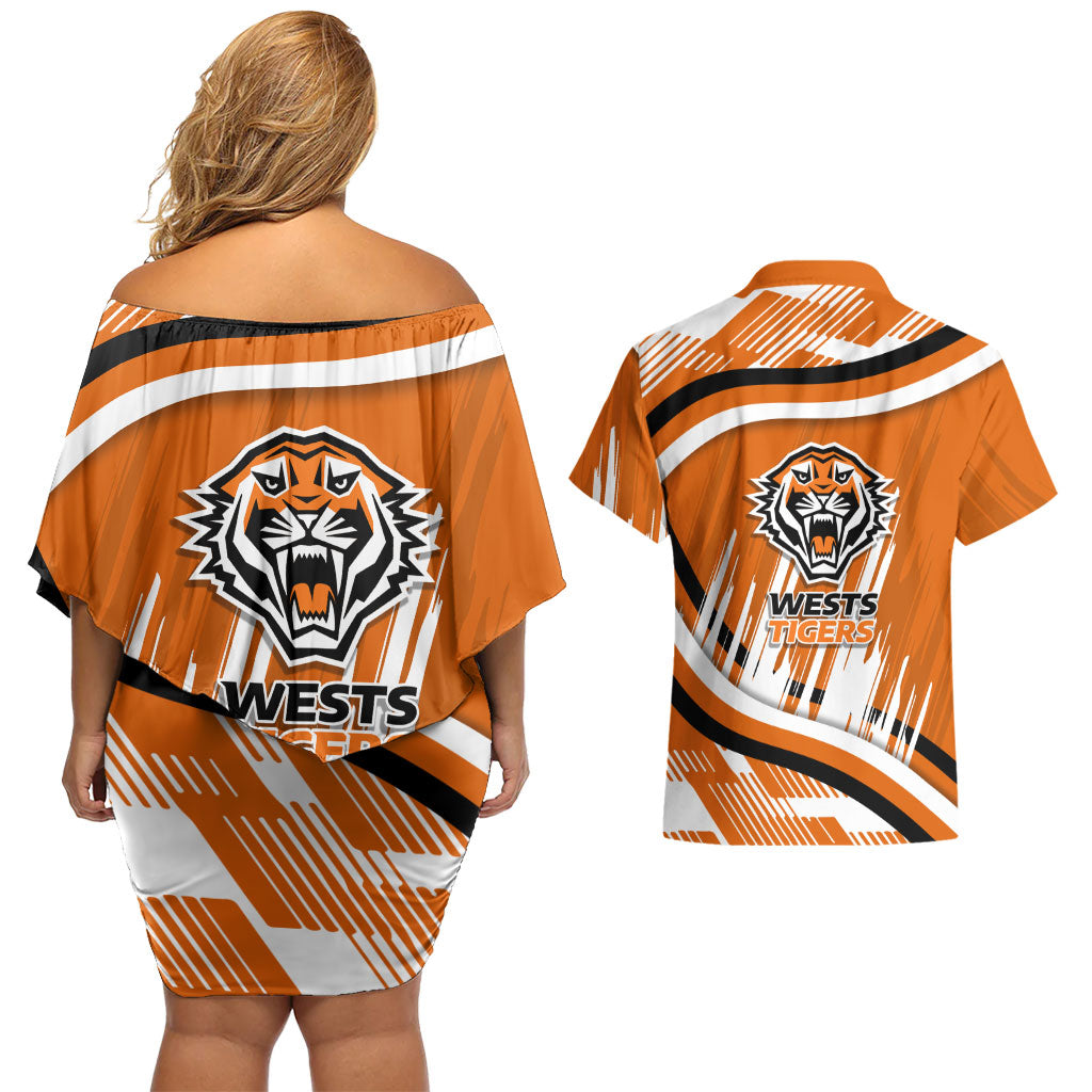 Wests Tigers Rugby Mascot Couples Matching Off Shoulder Short Dress and Hawaiian Shirt Fierce Athlete Graphic in Sports Style