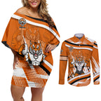 Wests Tigers Rugby Mascot Couples Matching Off Shoulder Short Dress and Long Sleeve Button Shirt Fierce Athlete Graphic in Sports Style