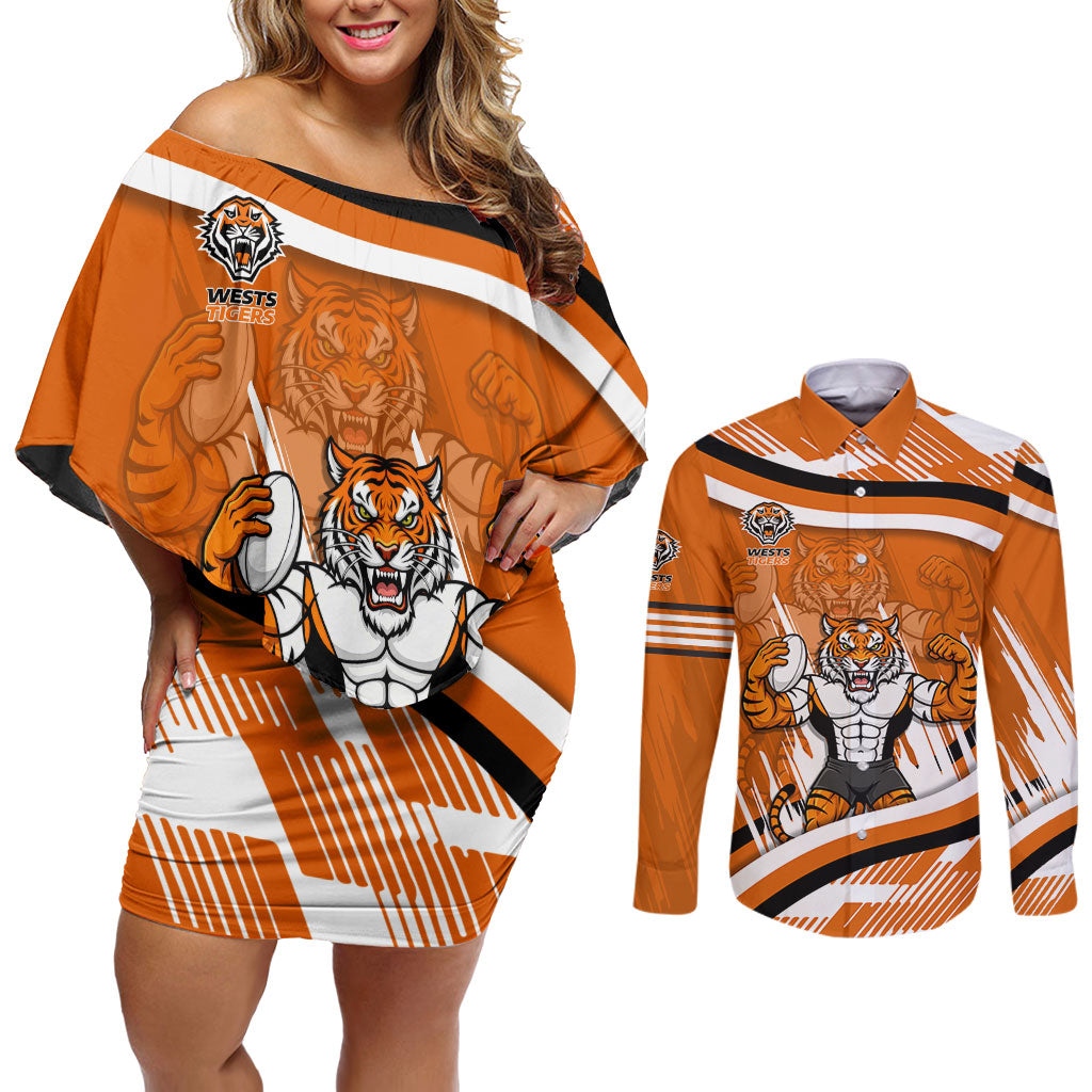 Wests Tigers Rugby Mascot Couples Matching Off Shoulder Short Dress and Long Sleeve Button Shirt Fierce Athlete Graphic in Sports Style
