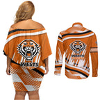 Wests Tigers Rugby Mascot Couples Matching Off Shoulder Short Dress and Long Sleeve Button Shirt Fierce Athlete Graphic in Sports Style