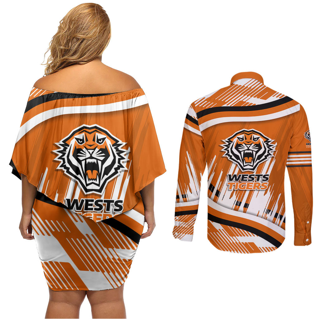 Wests Tigers Rugby Mascot Couples Matching Off Shoulder Short Dress and Long Sleeve Button Shirt Fierce Athlete Graphic in Sports Style