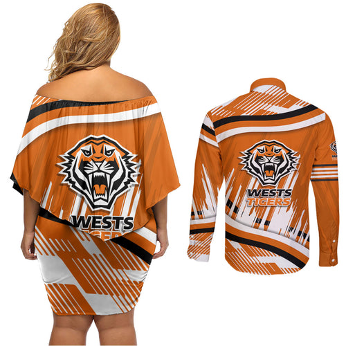 Wests Tigers Rugby Mascot Couples Matching Off Shoulder Short Dress and Long Sleeve Button Shirt Fierce Athlete Graphic in Sports Style