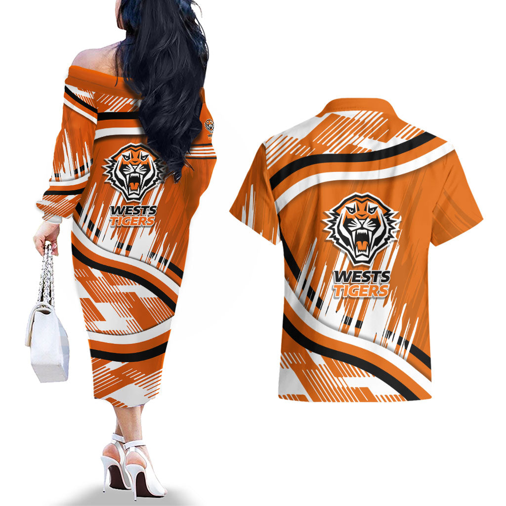 Wests Tigers Rugby Mascot Couples Matching Off The Shoulder Long Sleeve Dress and Hawaiian Shirt Fierce Athlete Graphic in Sports Style