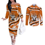 Wests Tigers Rugby Mascot Couples Matching Off The Shoulder Long Sleeve Dress and Long Sleeve Button Shirt Fierce Athlete Graphic in Sports Style