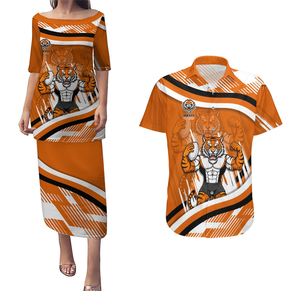Wests Tigers Rugby Mascot Couples Matching Puletasi and Hawaiian Shirt Fierce Athlete Graphic in Sports Style