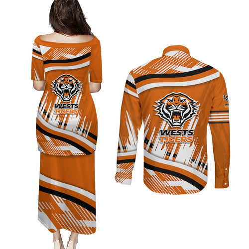 Wests Tigers Rugby Mascot Couples Matching Puletasi and Long Sleeve Button Shirt Fierce Athlete Graphic in Sports Style