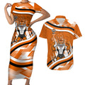 Wests Tigers Rugby Mascot Couples Matching Short Sleeve Bodycon Dress and Hawaiian Shirt Fierce Athlete Graphic in Sports Style