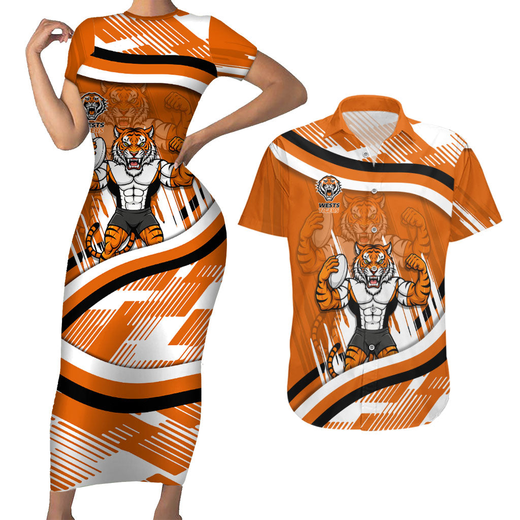 Wests Tigers Rugby Mascot Couples Matching Short Sleeve Bodycon Dress and Hawaiian Shirt Fierce Athlete Graphic in Sports Style