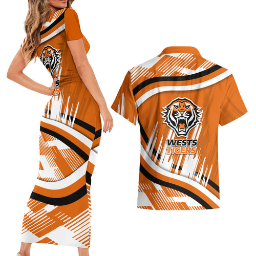 Wests Tigers Rugby Mascot Couples Matching Short Sleeve Bodycon Dress and Hawaiian Shirt Fierce Athlete Graphic in Sports Style