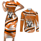 Wests Tigers Rugby Mascot Couples Matching Short Sleeve Bodycon Dress and Long Sleeve Button Shirt Fierce Athlete Graphic in Sports Style
