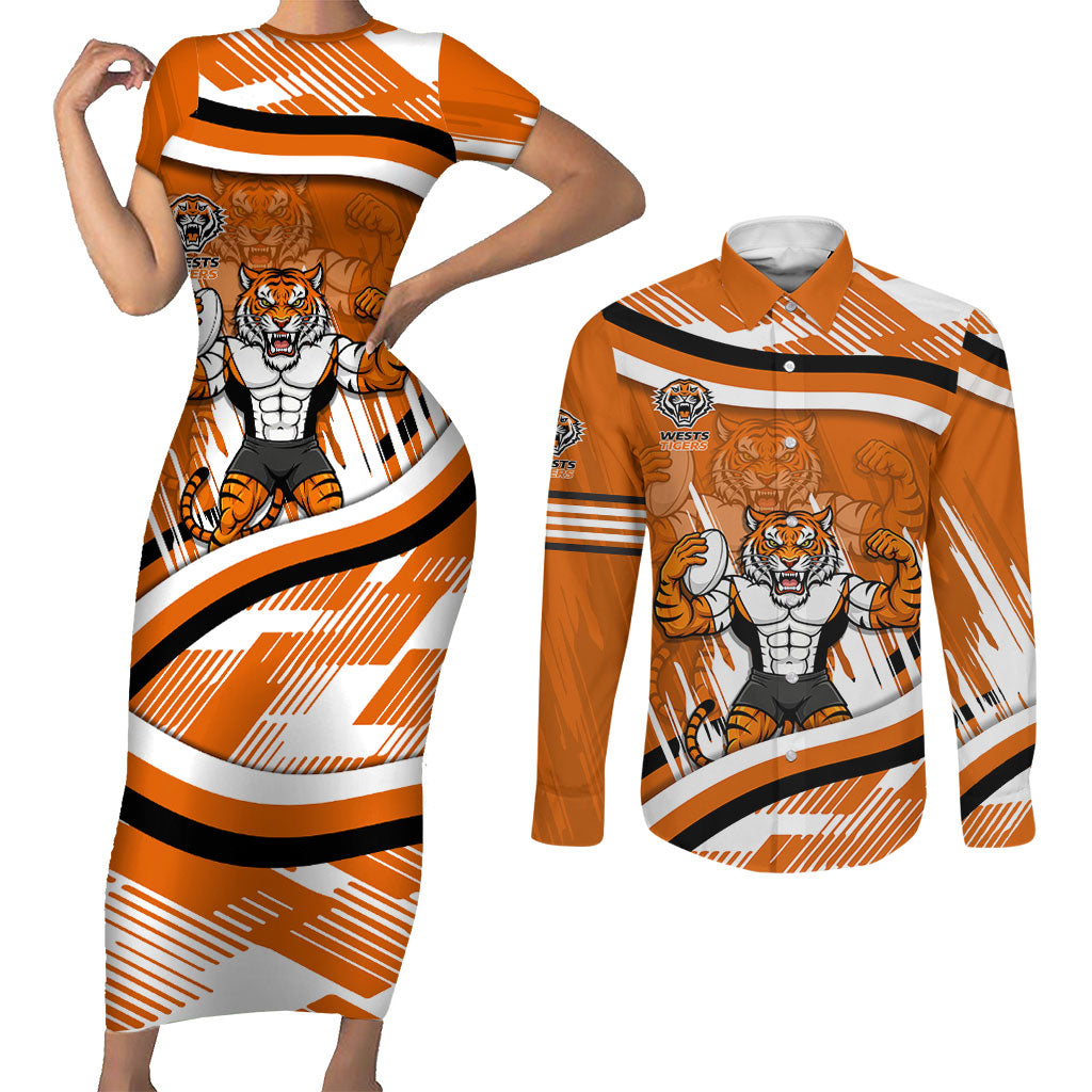 Wests Tigers Rugby Mascot Couples Matching Short Sleeve Bodycon Dress and Long Sleeve Button Shirt Fierce Athlete Graphic in Sports Style