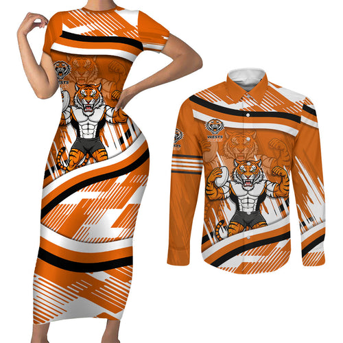 Wests Tigers Rugby Mascot Couples Matching Short Sleeve Bodycon Dress and Long Sleeve Button Shirt Fierce Athlete Graphic in Sports Style
