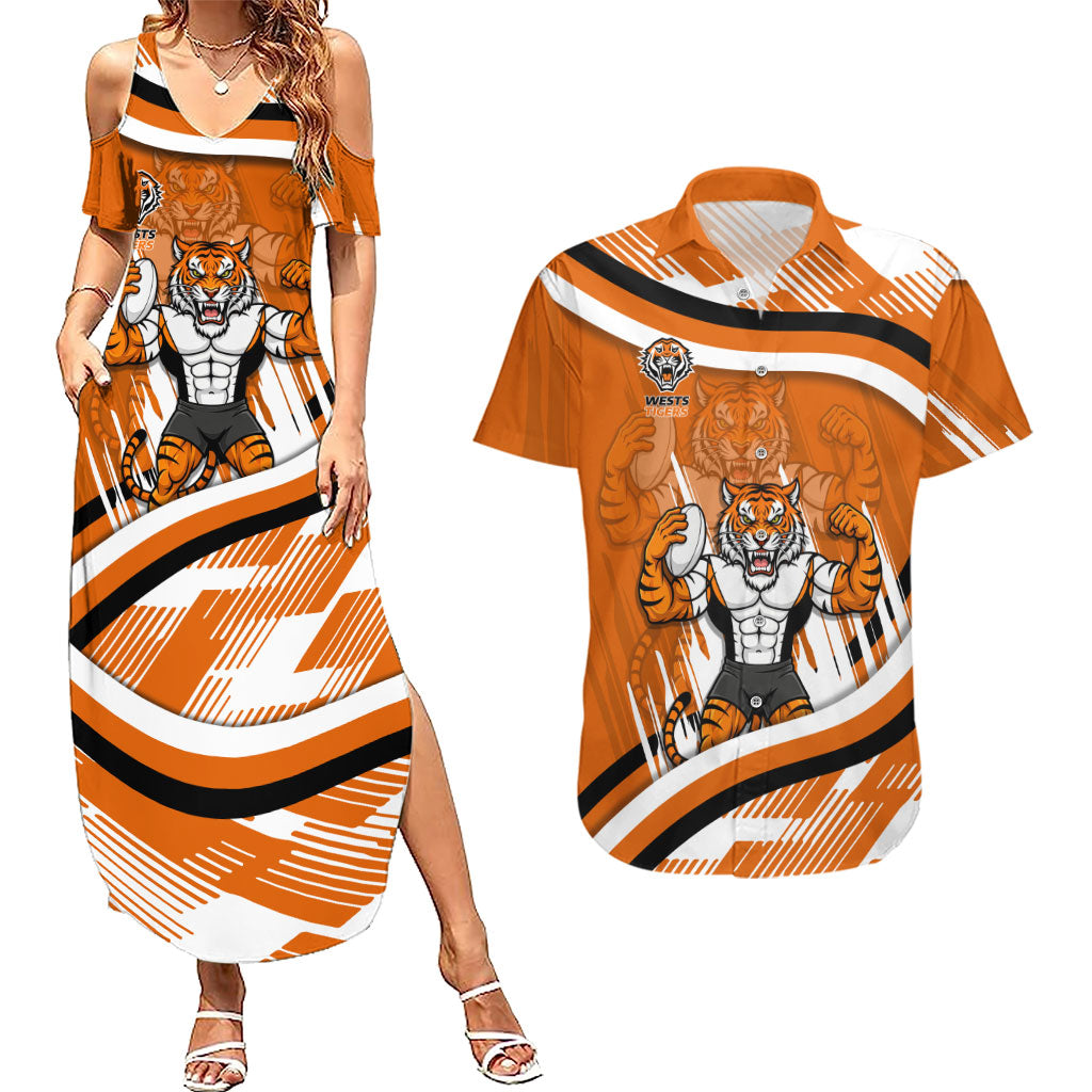 Wests Tigers Rugby Mascot Couples Matching Summer Maxi Dress and Hawaiian Shirt Fierce Athlete Graphic in Sports Style