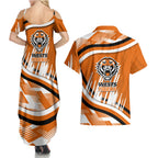 Wests Tigers Rugby Mascot Couples Matching Summer Maxi Dress and Hawaiian Shirt Fierce Athlete Graphic in Sports Style
