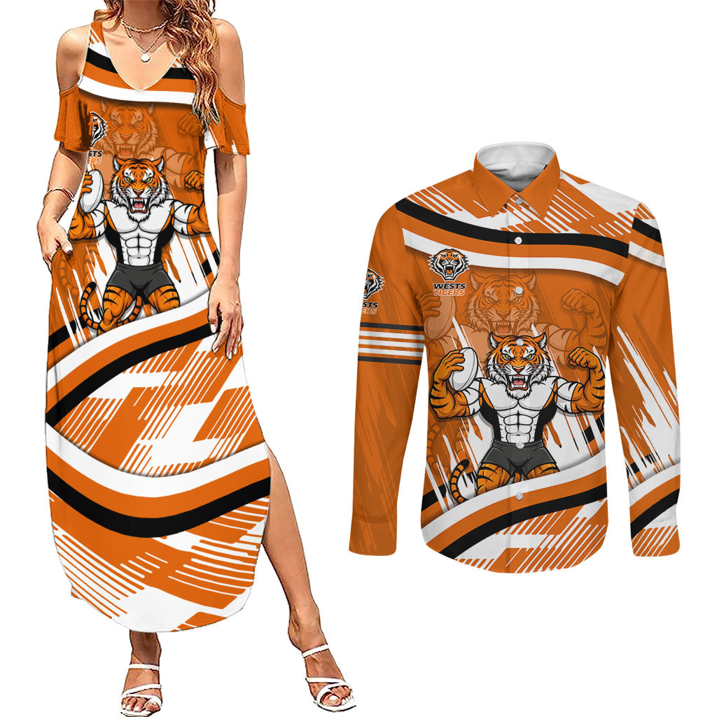 Wests Tigers Rugby Mascot Couples Matching Summer Maxi Dress and Long Sleeve Button Shirt Fierce Athlete Graphic in Sports Style