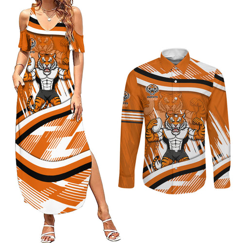 Wests Tigers Rugby Mascot Couples Matching Summer Maxi Dress and Long Sleeve Button Shirt Fierce Athlete Graphic in Sports Style