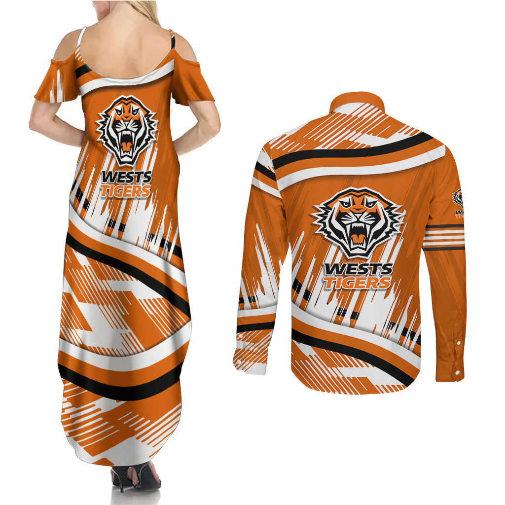 Wests Tigers Rugby Mascot Couples Matching Summer Maxi Dress and Long Sleeve Button Shirt Fierce Athlete Graphic in Sports Style