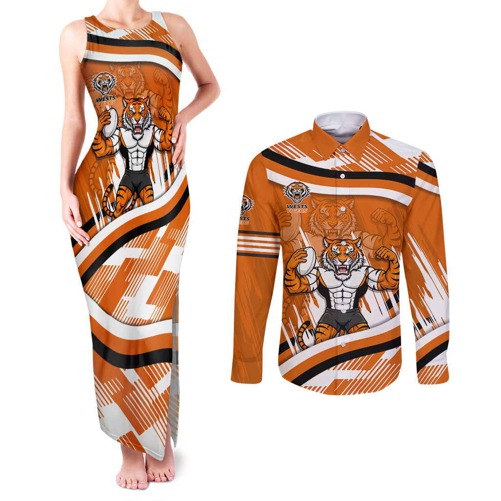 Wests Tigers Rugby Mascot Couples Matching Tank Maxi Dress and Long Sleeve Button Shirt Fierce Athlete Graphic in Sports Style