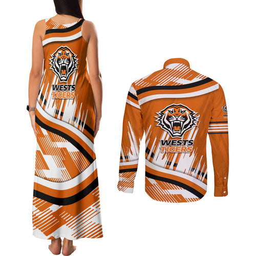 Wests Tigers Rugby Mascot Couples Matching Tank Maxi Dress and Long Sleeve Button Shirt Fierce Athlete Graphic in Sports Style