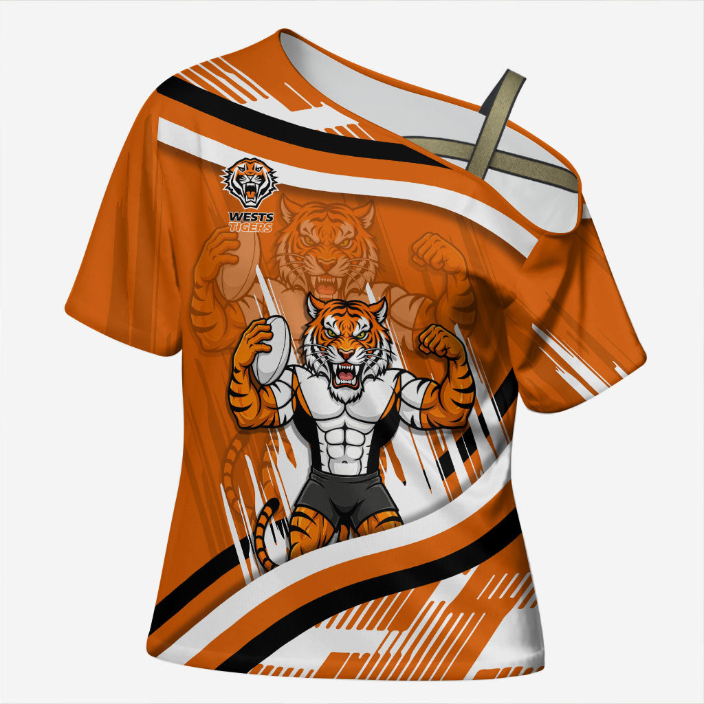 Wests Tigers Rugby Mascot Cross Shoulder Shirt Fierce Athlete Graphic in Sports Style