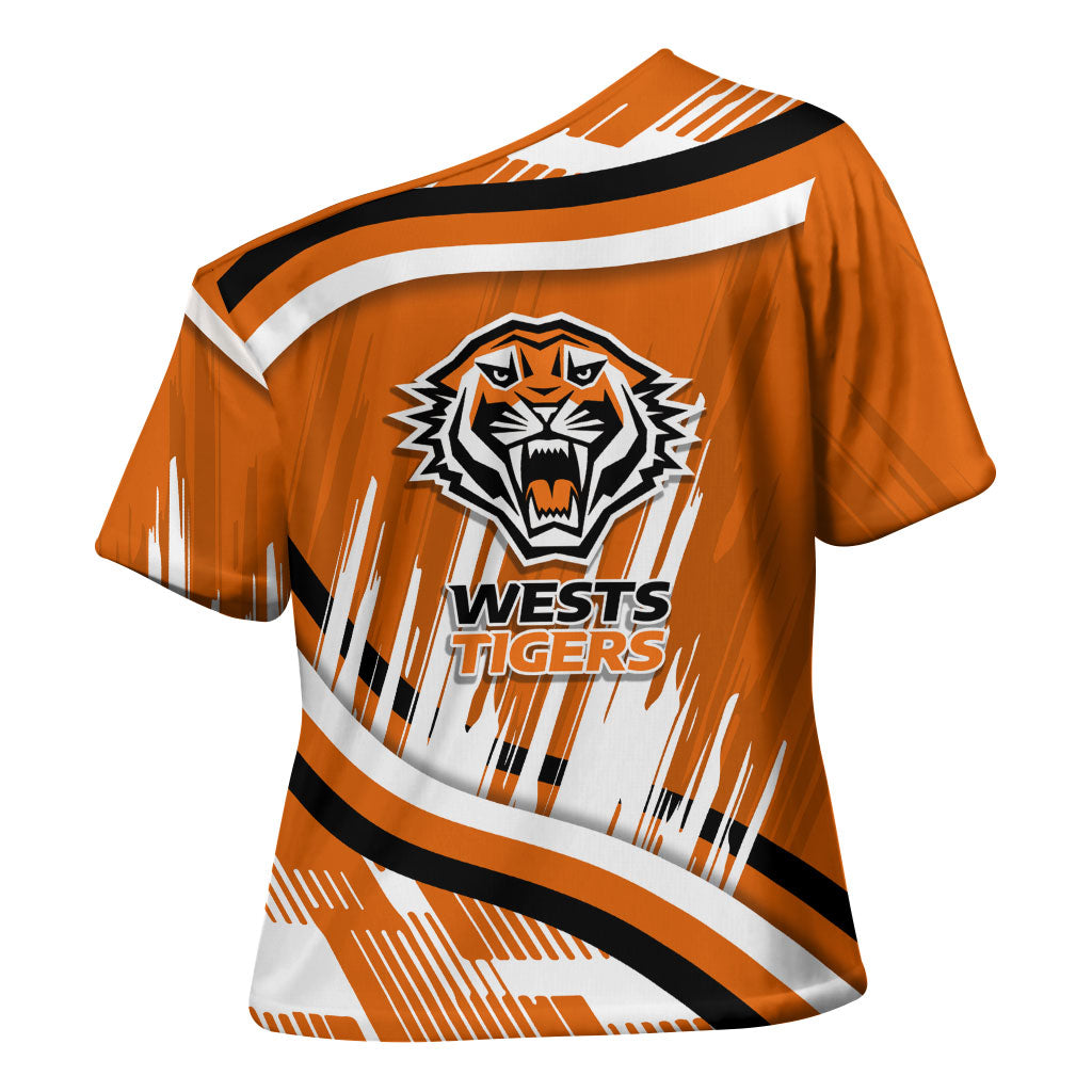 Wests Tigers Rugby Mascot Cross Shoulder Shirt Fierce Athlete Graphic in Sports Style