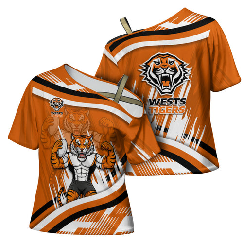 Wests Tigers Rugby Mascot Cross Shoulder Shirt Fierce Athlete Graphic in Sports Style