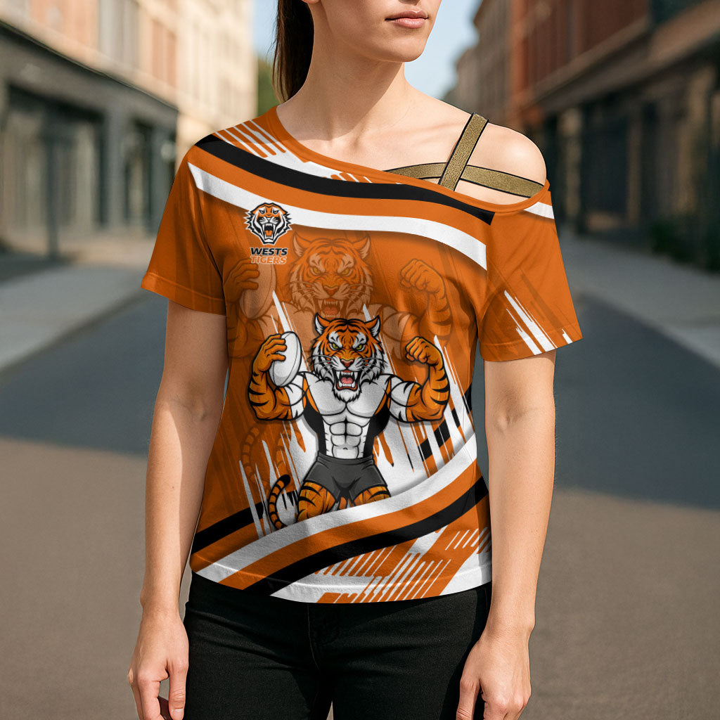 Wests Tigers Rugby Mascot Cross Shoulder Shirt Fierce Athlete Graphic in Sports Style