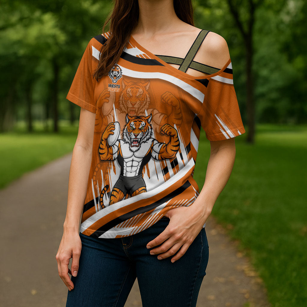 Wests Tigers Rugby Mascot Cross Shoulder Shirt Fierce Athlete Graphic in Sports Style