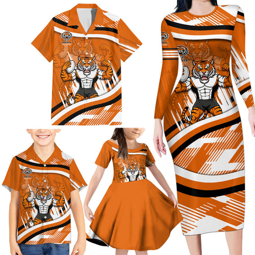 Wests Tigers Rugby Mascot Family Matching Long Sleeve Bodycon Dress and Hawaiian Shirt Fierce Athlete Graphic in Sports Style