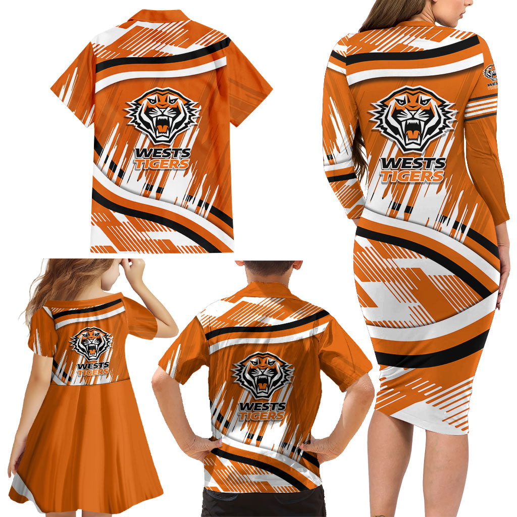 Wests Tigers Rugby Mascot Family Matching Long Sleeve Bodycon Dress and Hawaiian Shirt Fierce Athlete Graphic in Sports Style
