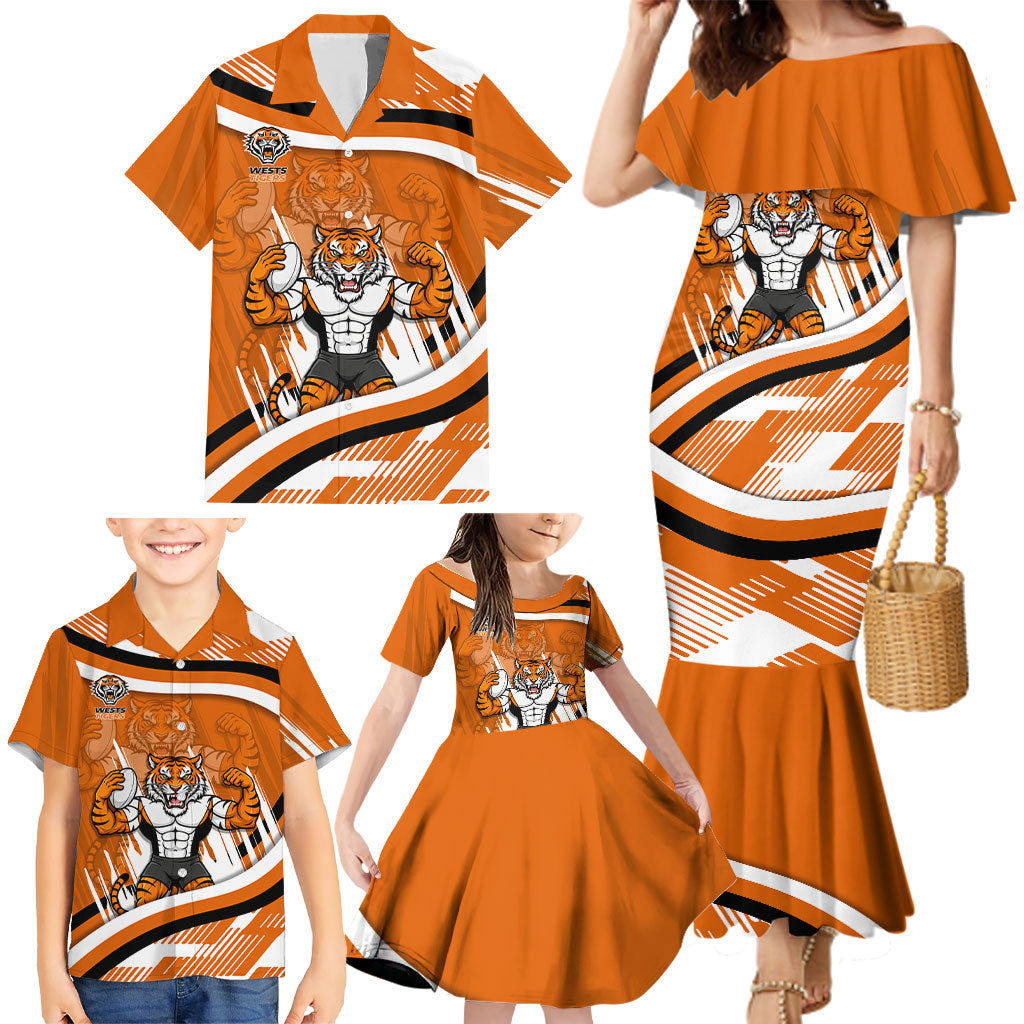 Wests Tigers Rugby Mascot Family Matching Mermaid Dress and Hawaiian Shirt Fierce Athlete Graphic in Sports Style
