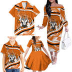 Wests Tigers Rugby Mascot Family Matching Off The Shoulder Long Sleeve Dress and Hawaiian Shirt Fierce Athlete Graphic in Sports Style