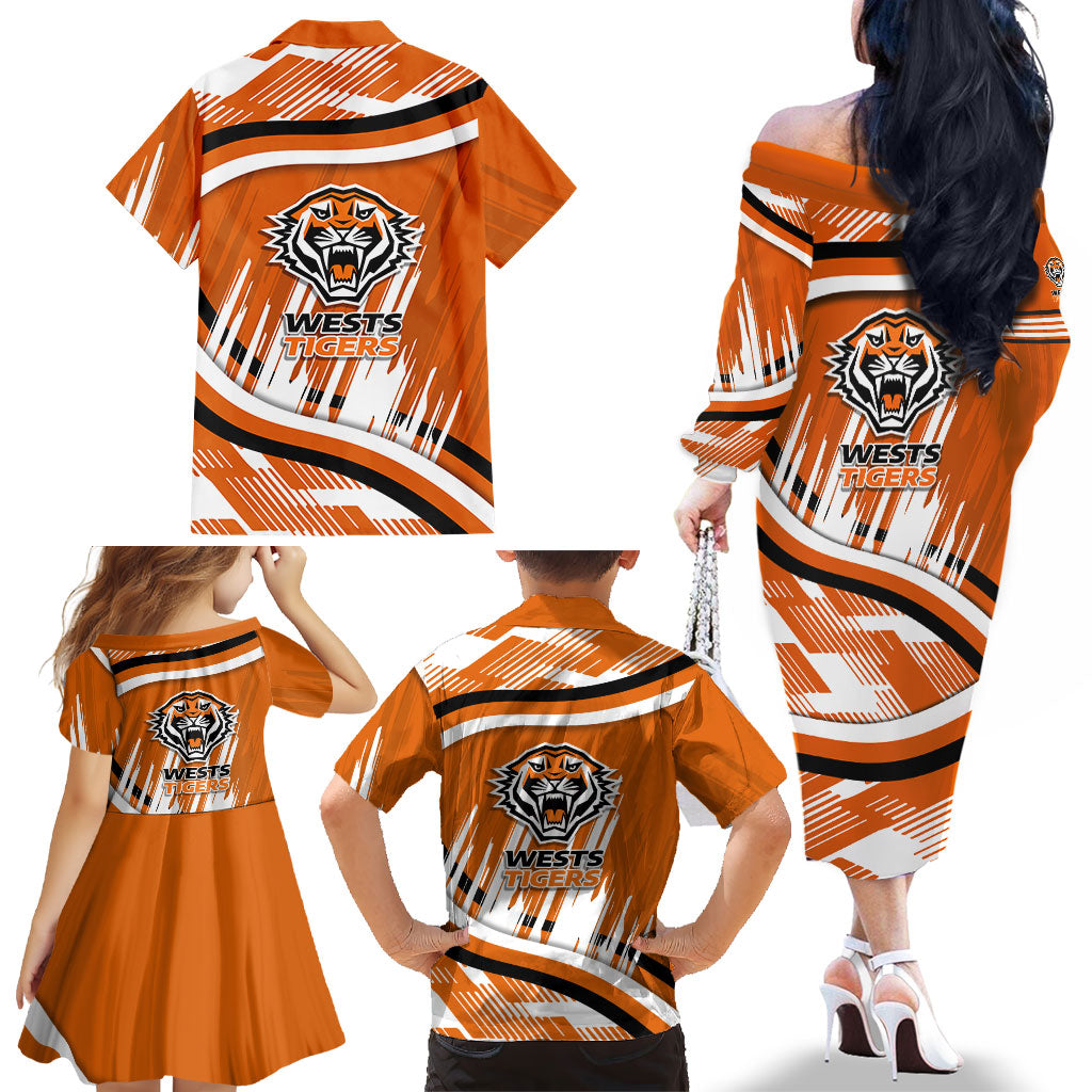Wests Tigers Rugby Mascot Family Matching Off The Shoulder Long Sleeve Dress and Hawaiian Shirt Fierce Athlete Graphic in Sports Style