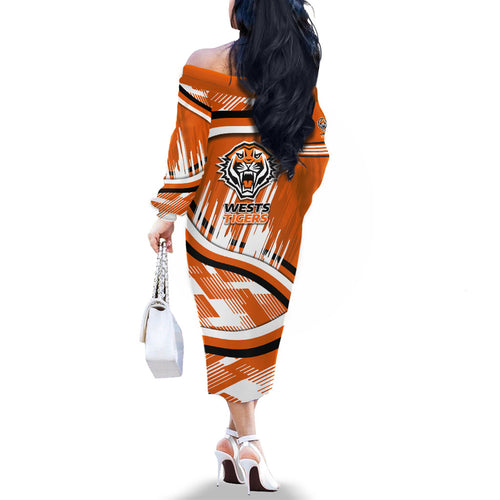 Wests Tigers Rugby Mascot Family Matching Off The Shoulder Long Sleeve Dress and Hawaiian Shirt Fierce Athlete Graphic in Sports Style