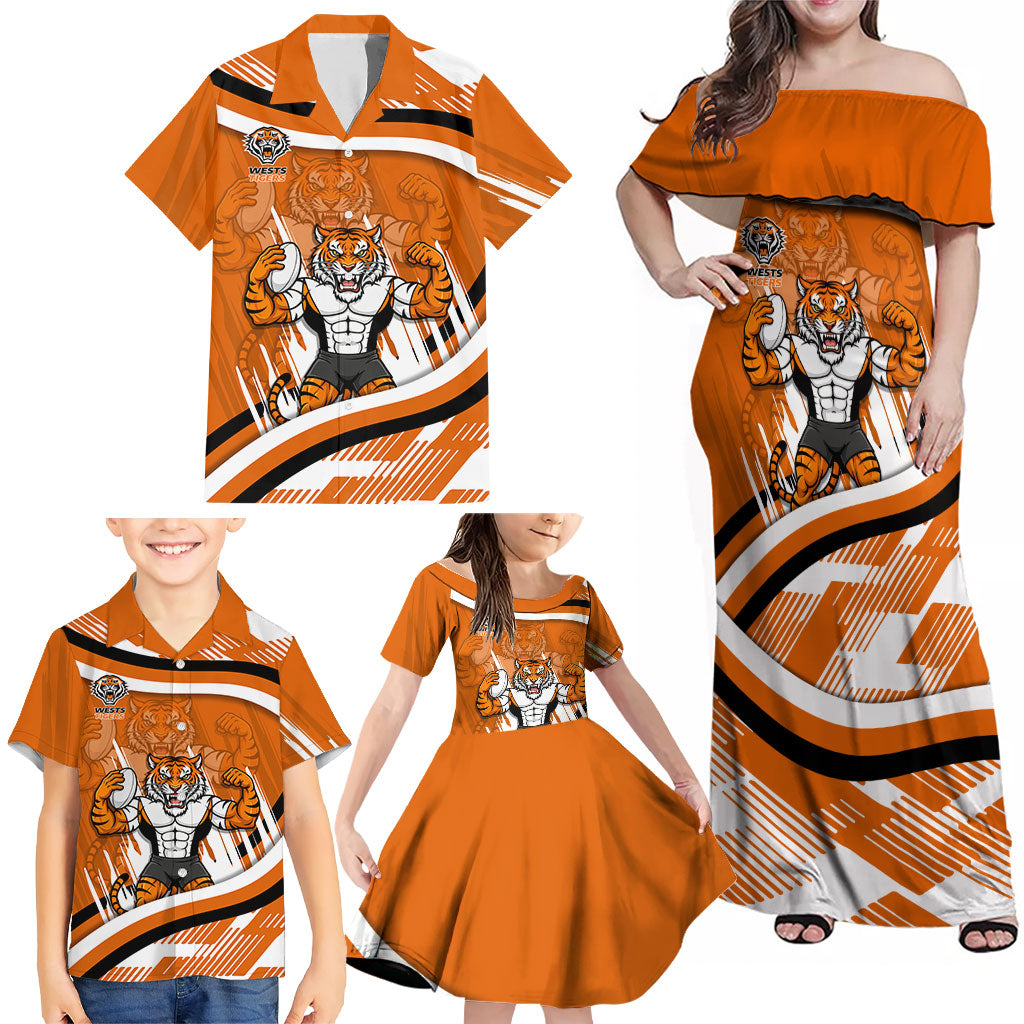 Wests Tigers Rugby Mascot Family Matching Off Shoulder Maxi Dress and Hawaiian Shirt Fierce Athlete Graphic in Sports Style