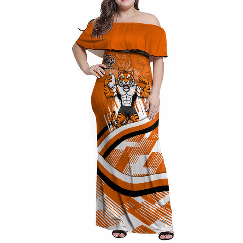 Wests Tigers Rugby Mascot Family Matching Off Shoulder Maxi Dress and Hawaiian Shirt Fierce Athlete Graphic in Sports Style