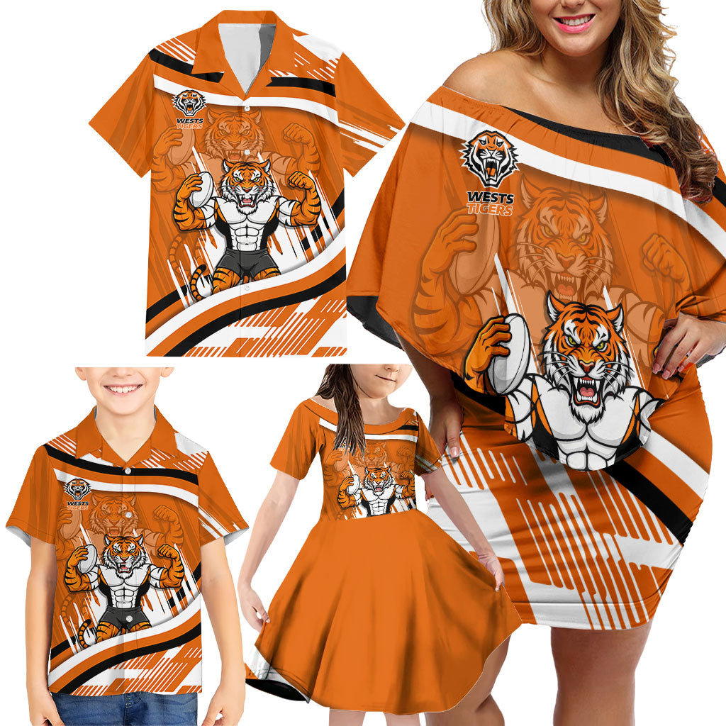 Wests Tigers Rugby Mascot Family Matching Off Shoulder Short Dress and Hawaiian Shirt Fierce Athlete Graphic in Sports Style