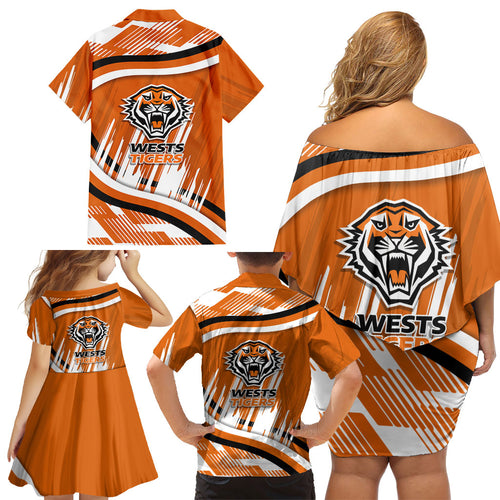 Wests Tigers Rugby Mascot Family Matching Off Shoulder Short Dress and Hawaiian Shirt Fierce Athlete Graphic in Sports Style